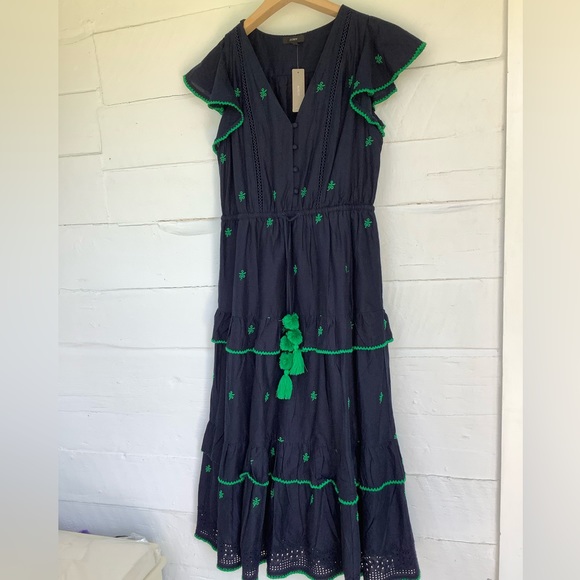 J crew new navy green Pom Pom tiered midi dress cotton eyelet size 6 - Picture 4 of 8